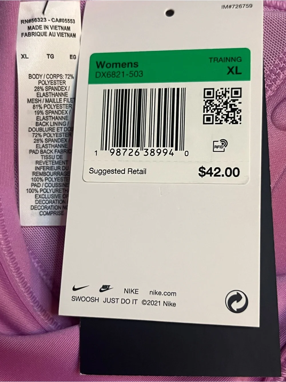 Nike Women’s XL Swoosh Med Support Padded Racerback Sports Bra Light Magenta